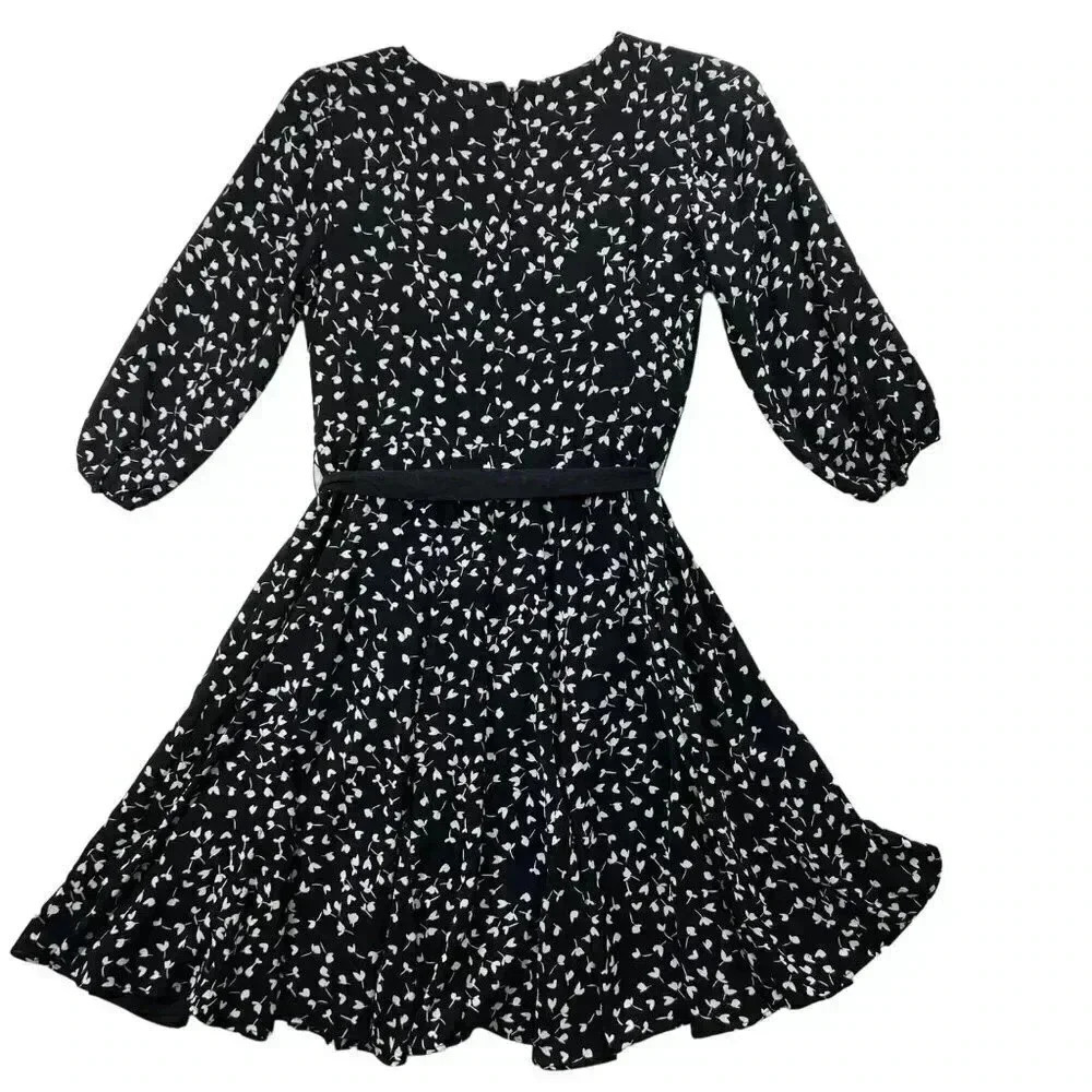 Talbots Black MIDI Dress SZ 8 Long Sleeve White Print Fit Flare Silhouette Flowy